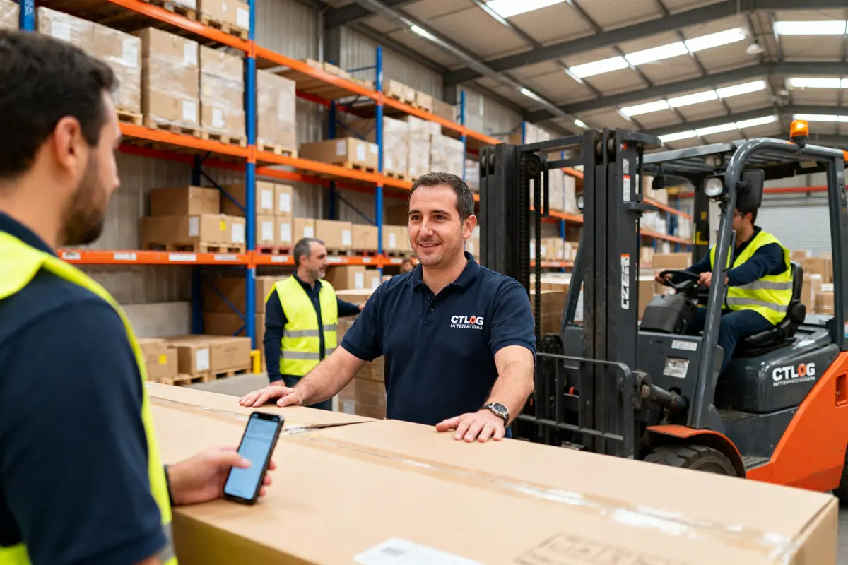 Employés CTLOG International dans un entrepôt avec chariots élévateurs et palettes de produits.