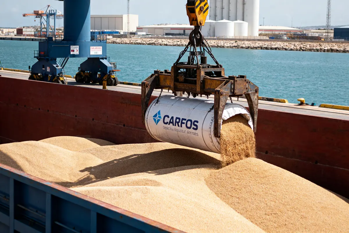Grue déchargeant des céréales de Carfos dans un cargo à quai au port industriel