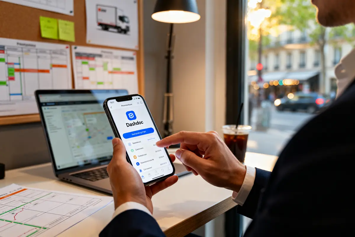 Personne utilisant l'application Dashdoc sur smartphone devant un bureau avec ordinateur et documents