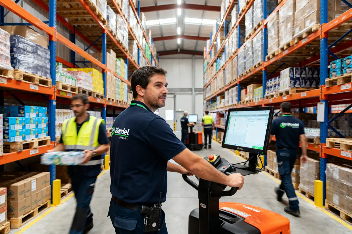 Employés du Groupe Blondel Sphère Distribution gérant un stock dans un entrepôt organisé.