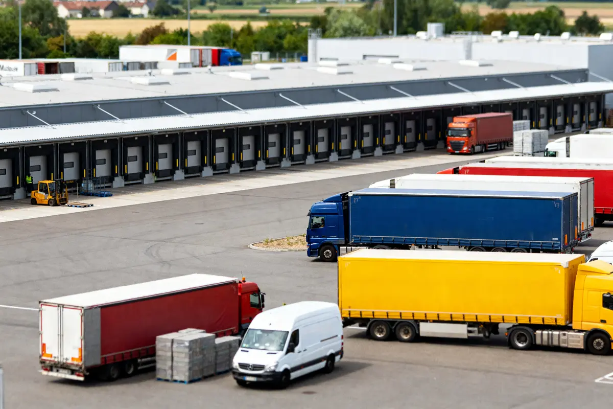 Camions colorés stationnés au centre logistique de Heppner à Pulversheim, prêts pour la livraison