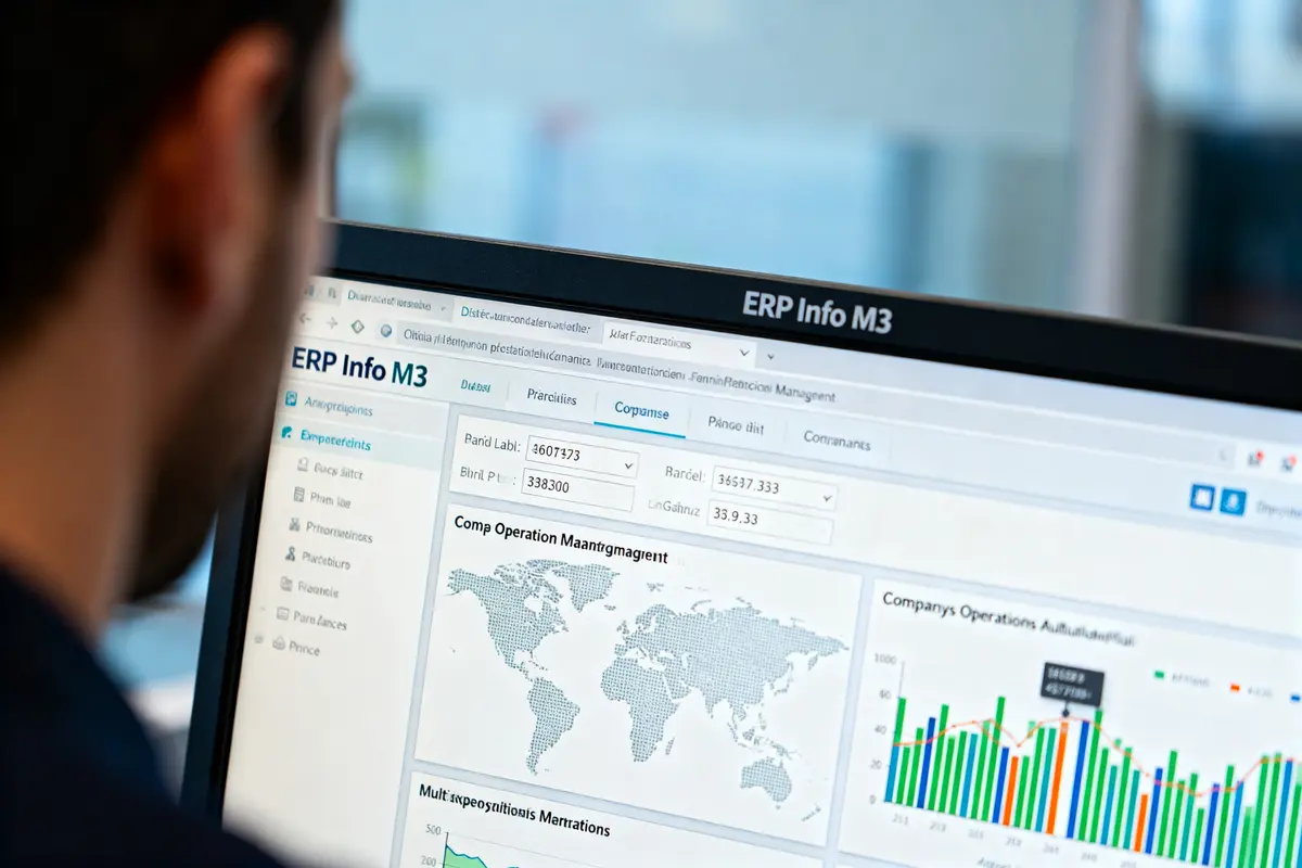 Écran d'un logiciel ERP affichant statistiques et graphiques, avec gestion Info M3