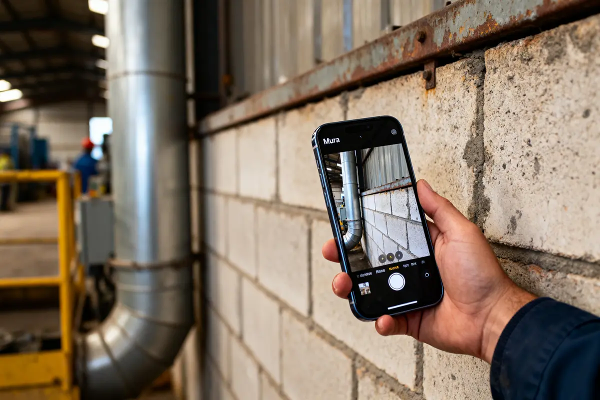 Main tenant un téléphone montrant Muri, Mura et Muda dans une usine industrielle