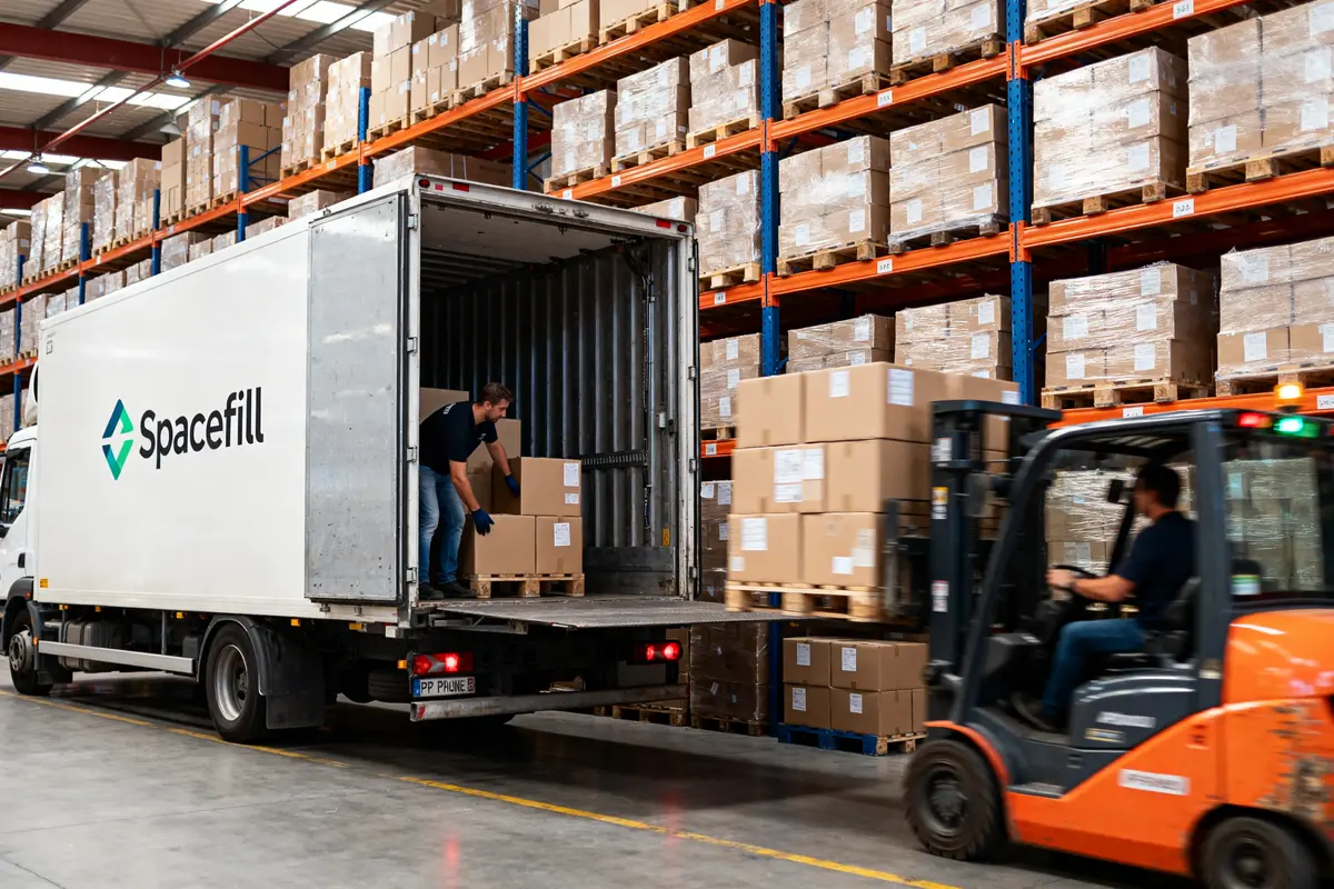 Camion Spacefill déchargeant des palettes dans un entrepôt organisé avec précision