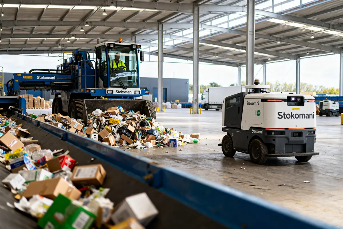 Engin de tri dans l’entrepôt logistique de Stokomani gérant des cartons et déchets recyclables