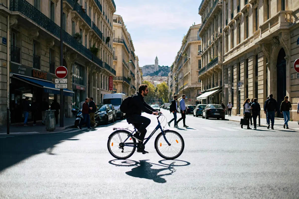 Cycliste traversant le boulevard Jacques-Saadé à Marseille, architecture haussmannienne et colline visibles