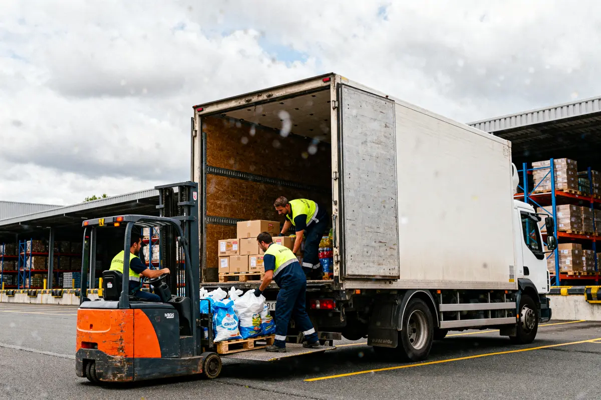 Des employés chargent un camion avec des palettes pour une livraison juste à temps
