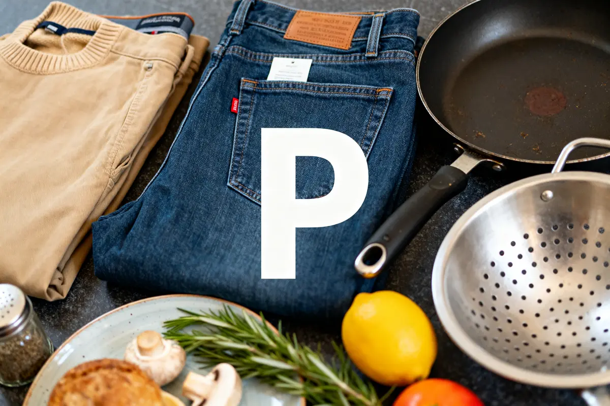 Vêtements, poêle, objet en cuisine, légumes et herbes fraîches sur une table foncée