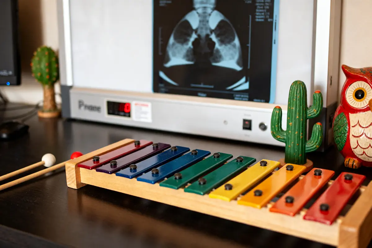 Xylophone coloré et décoration originale devant radiographie pulmonaire sur écran