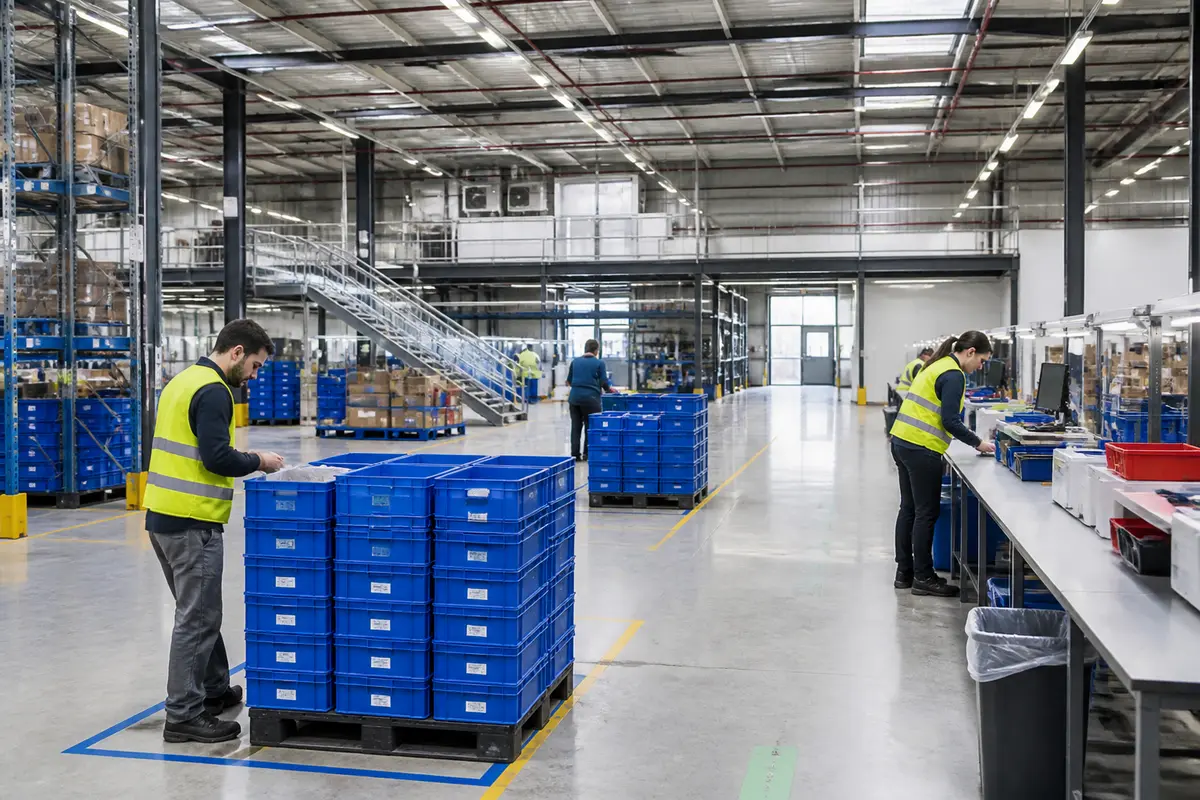Employés travaillant dans l'entrepôt Alloga à Angers avec des caisses bleues empilées