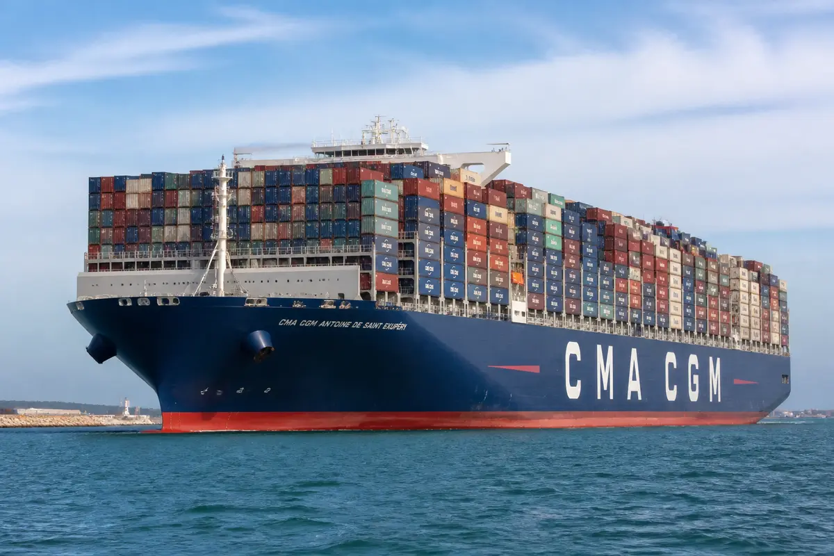 Porte-conteneurs CMA CGM Antoine de Saint-Exupéry naviguant en mer avec de nombreux conteneurs