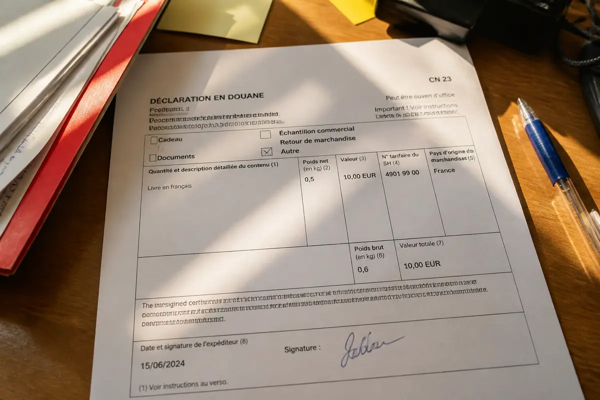 Formulaire de déclaration douanière CN23 rempli avec stylo sur bureau ensoleillé