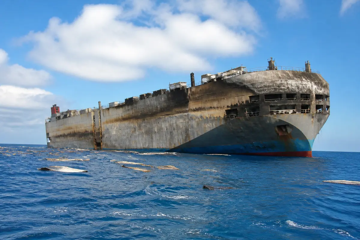 Navire abandonné en mer, coque endommagée, vestige du Felicity Ace.