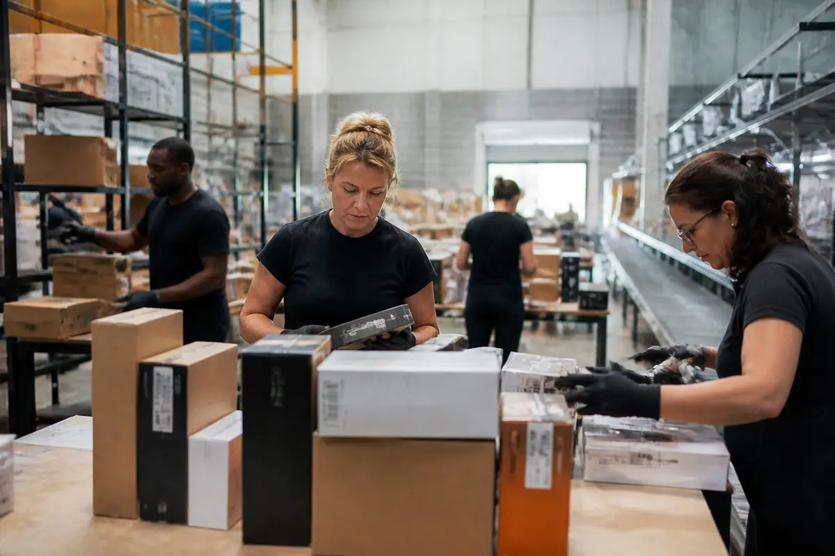 Employés préparant des colis dans un entrepôt de logistique Fnac