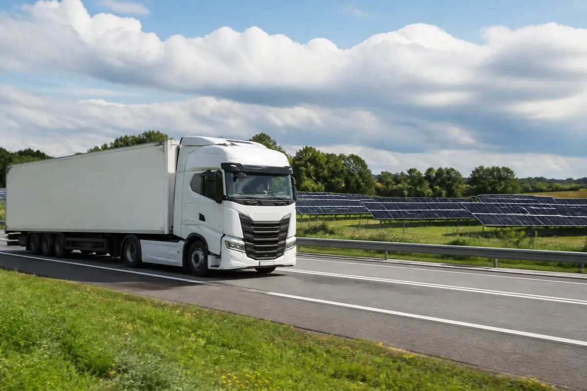 Camion Geodis Malherbe roulant sur autoroute, panneaux solaires en arrière-plan verdoyant