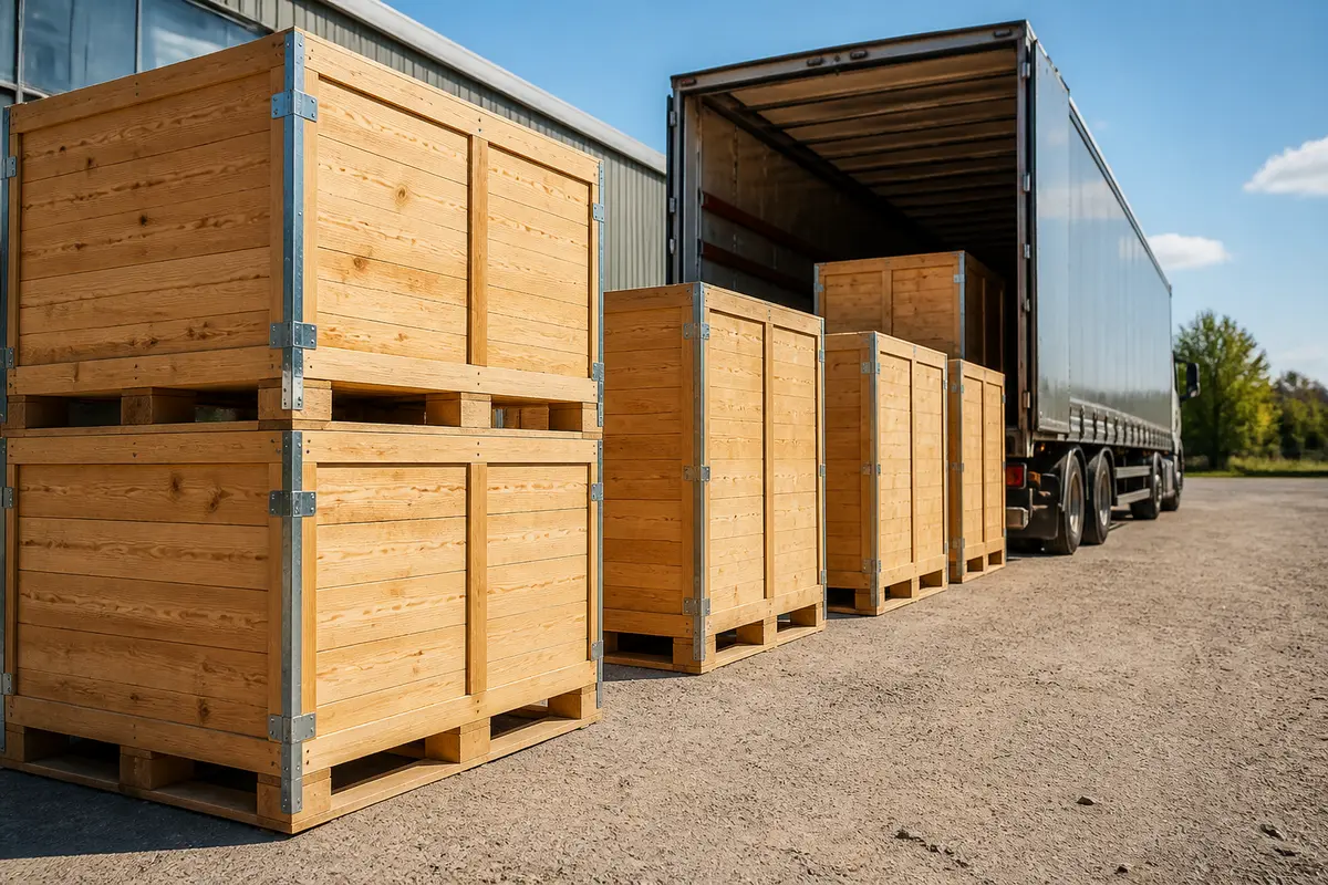 Palettes en bois prêtes à être chargées dans un camion avec La Palette Rouge