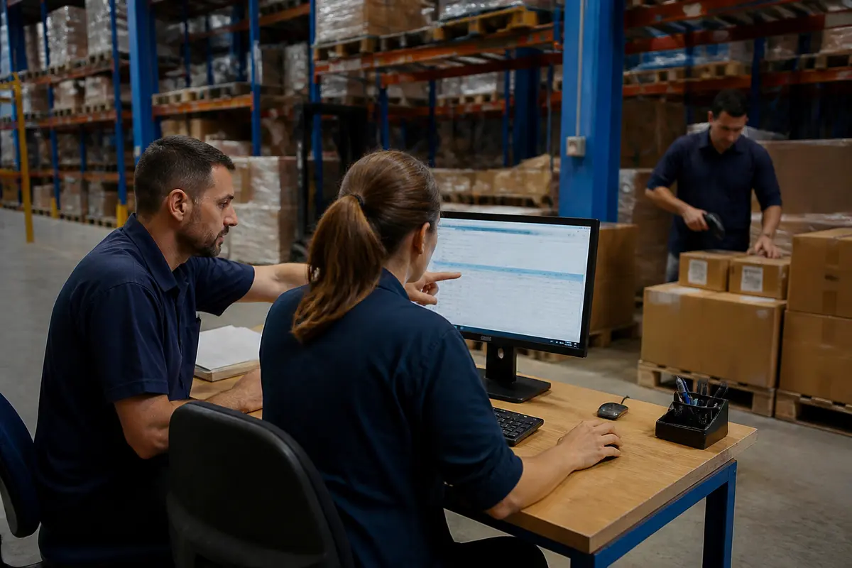 Employés de bureau utilisant SAP MM pour la gestion d'inventaire en entrepôt.