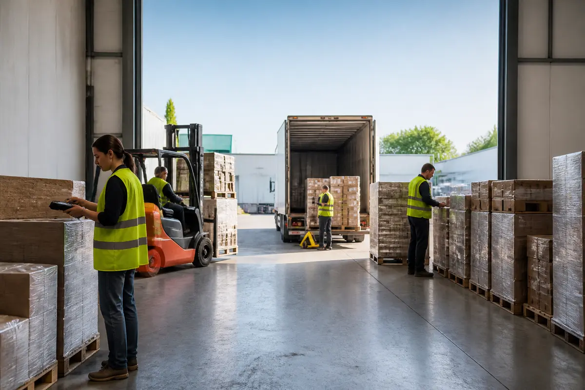 Travailleurs en entrepôt organisant des palettes pour la gestion de la chaîne logistique (SCM)