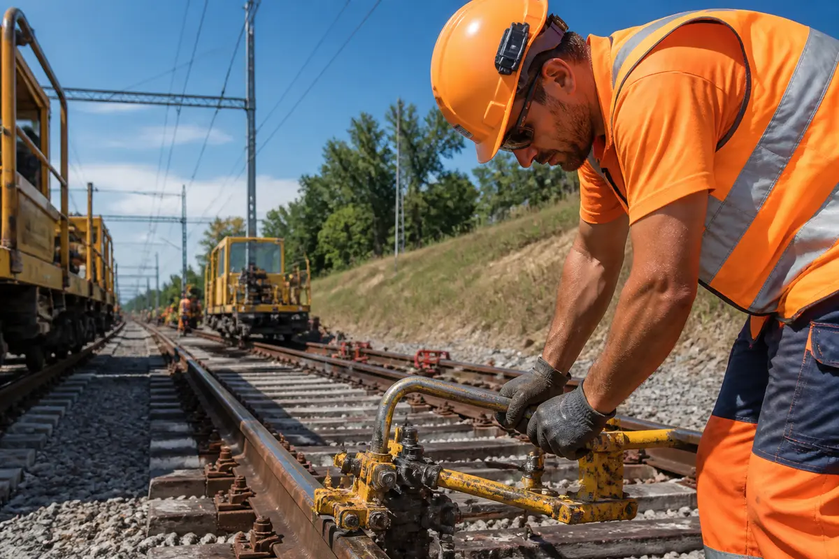 Travailleur de la SNCF Infra effectuant des travaux sur une voie ferrée en plein jour