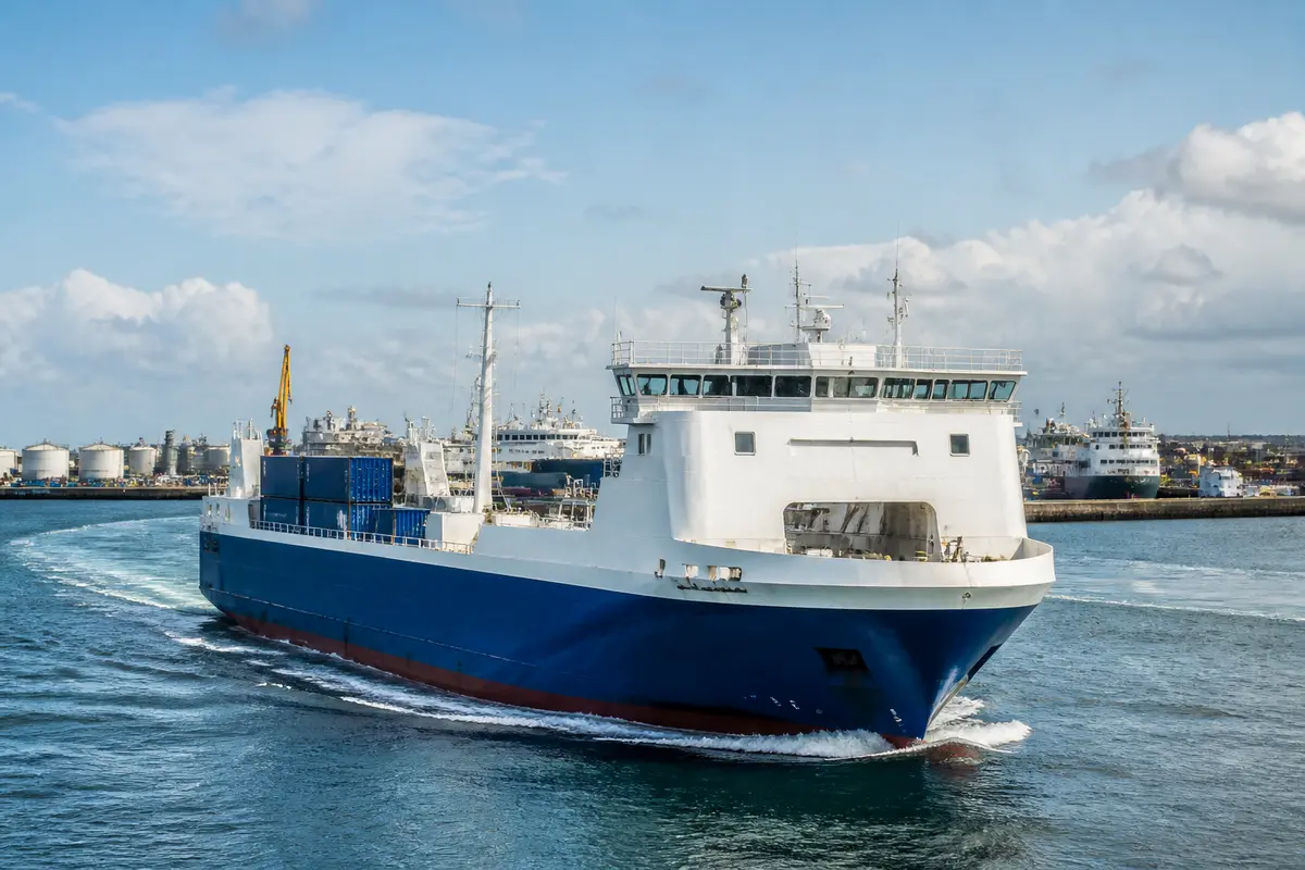 Navire de Seaborne Freight transportant des conteneurs en mer près d'un port industriel