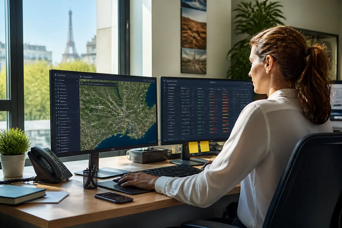 Femme travaillant sur logiciel de suivi Strada tracking avec tour Eiffel visible par la fenêtre