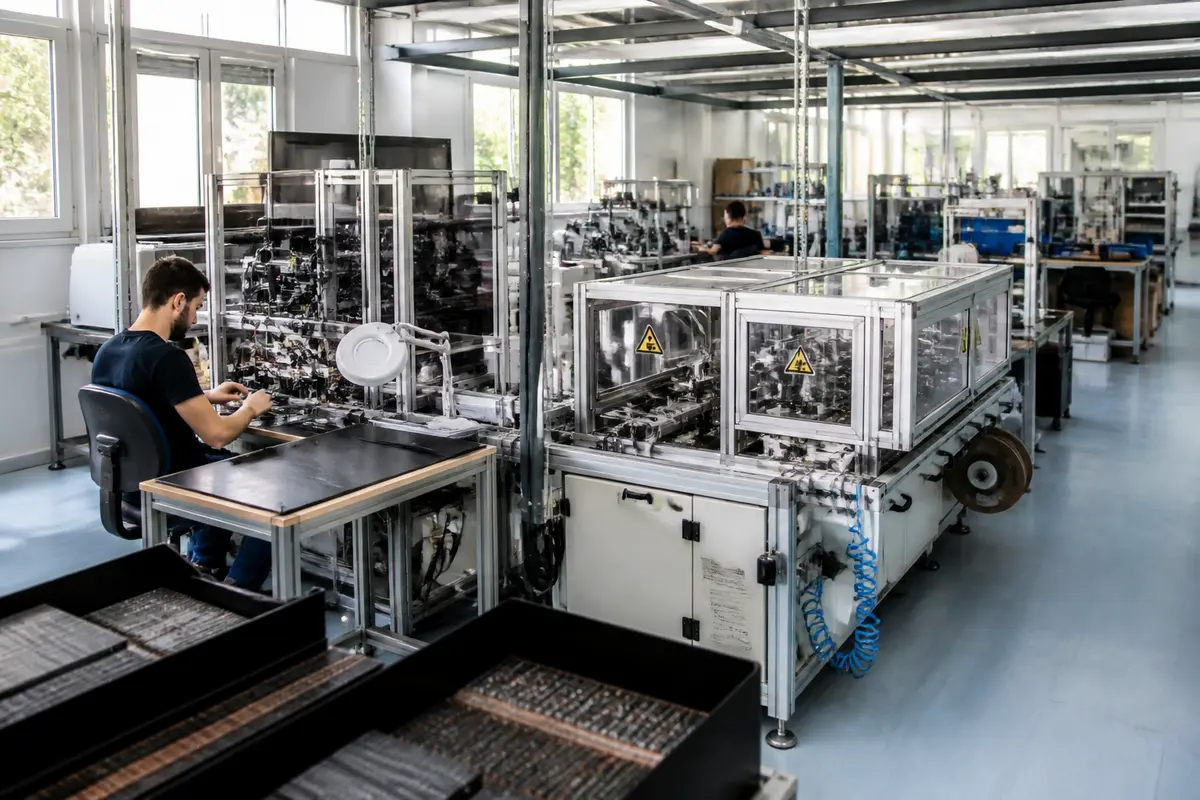 Travailleur dans une usine moderne fabriquant des produits électroniques avec système Tagsys intégré