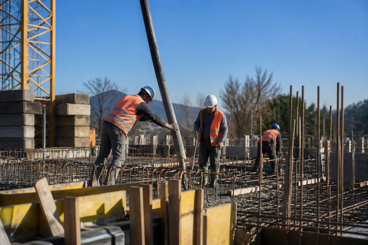 Travailleurs de Valeres coulant du béton sur un chantier de construction en plein air