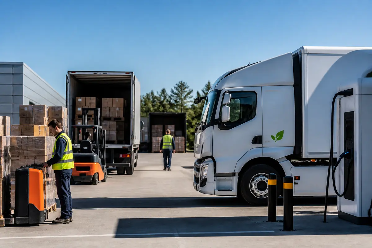 Camions électriques en chargement, illustrant les innovations en transport et logistique actuels.