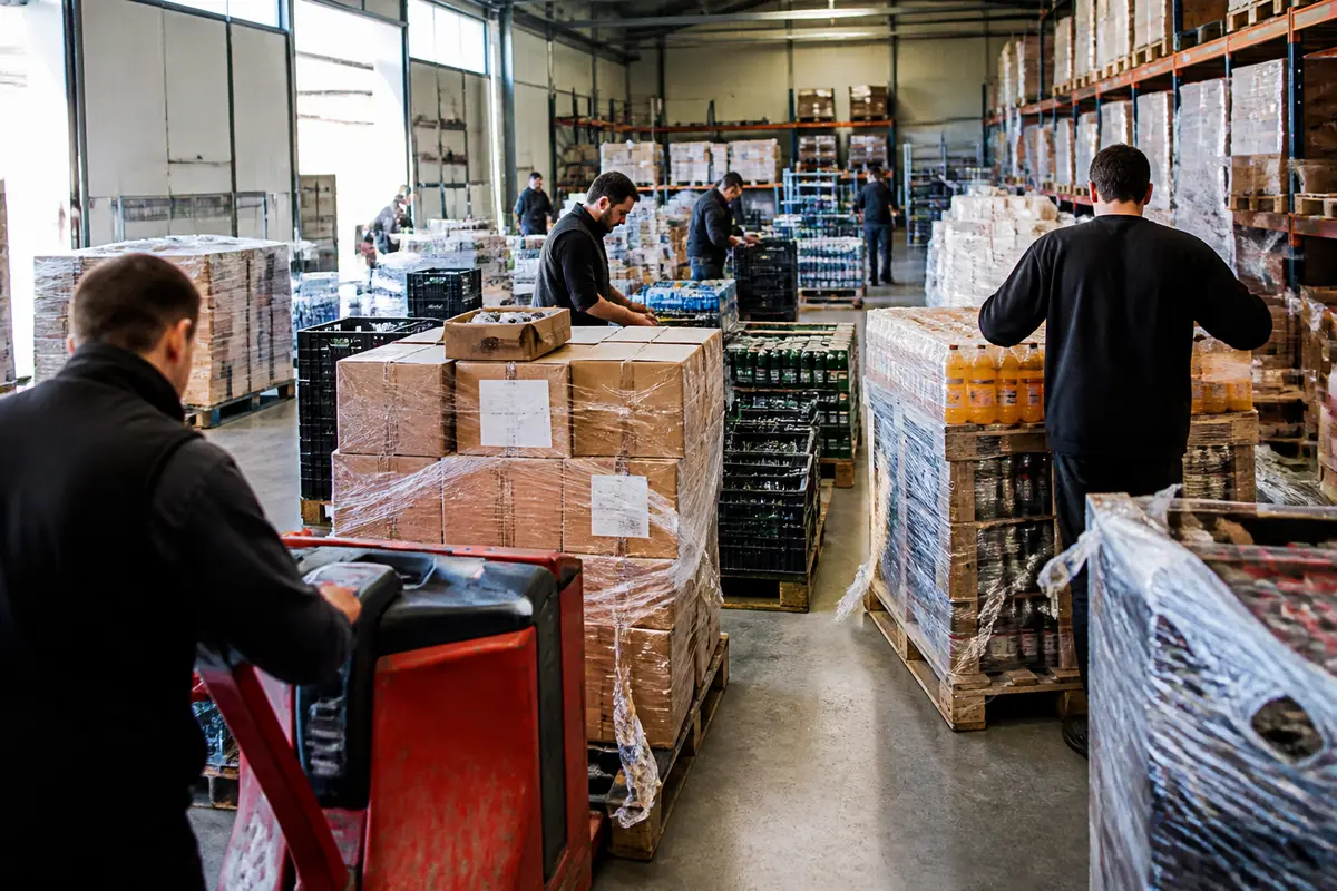 Travailleurs organisant des palettes dans un entrepôt pour l'économie circulaire responsable