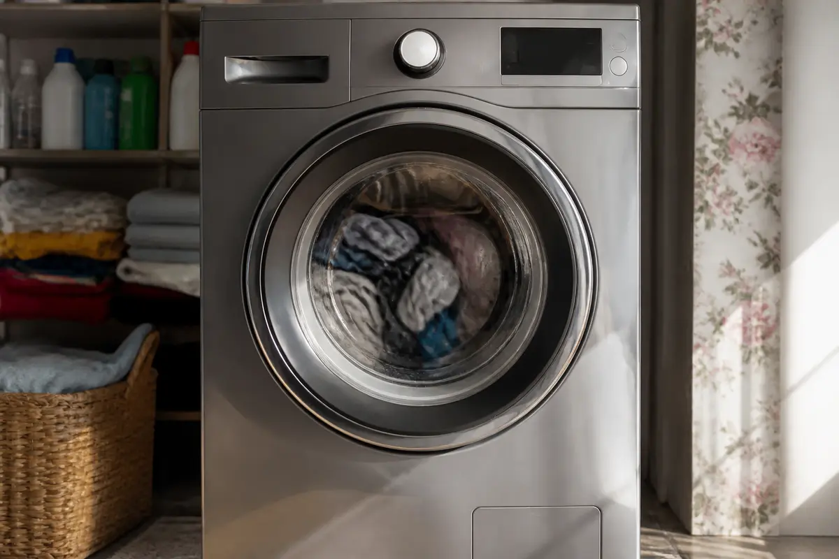 Lave-linge moderne en fonctionnement avec des vêtements à travers la porte en verre