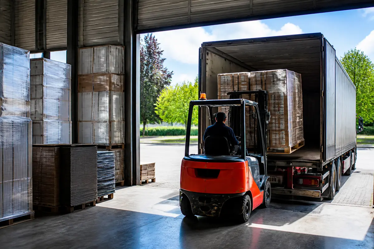 Cariste chargeant un camion dans un entrepôt, essentiel pour la chaîne d'approvisionnement