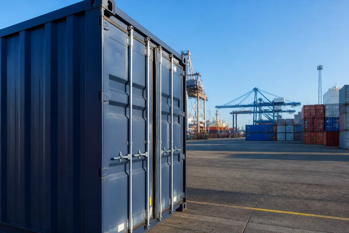 Conteneur maritime en entrepôt, essentiel pour vérifier la masse brute des conteneurs.