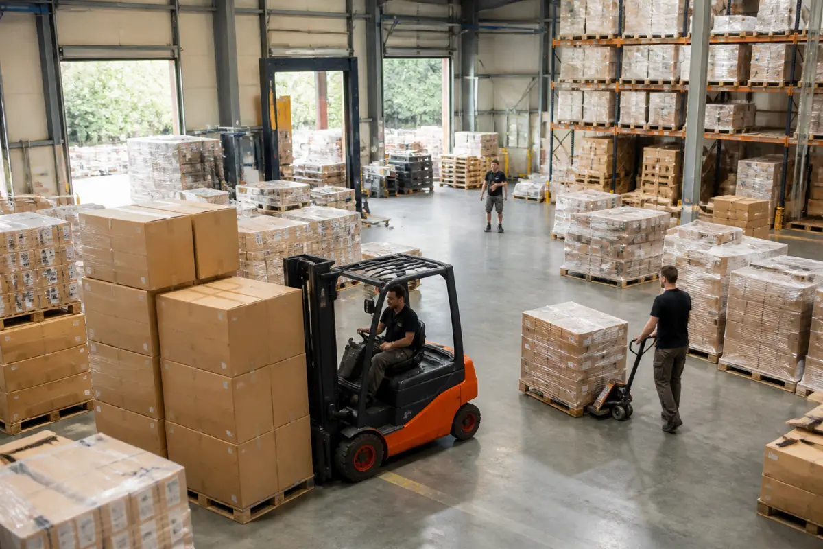 Chariot élévateur déplaçant des palettes dans un entrepôt de logistique 3PL dynamique et organisé
