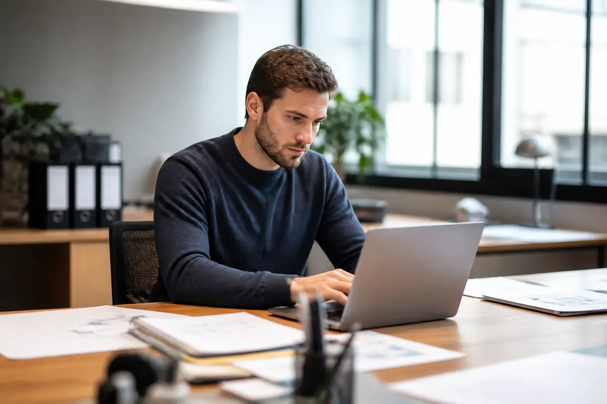 Homme travaillant sur ordinateur portable au bureau avec dossiers et Adameo Fil visible