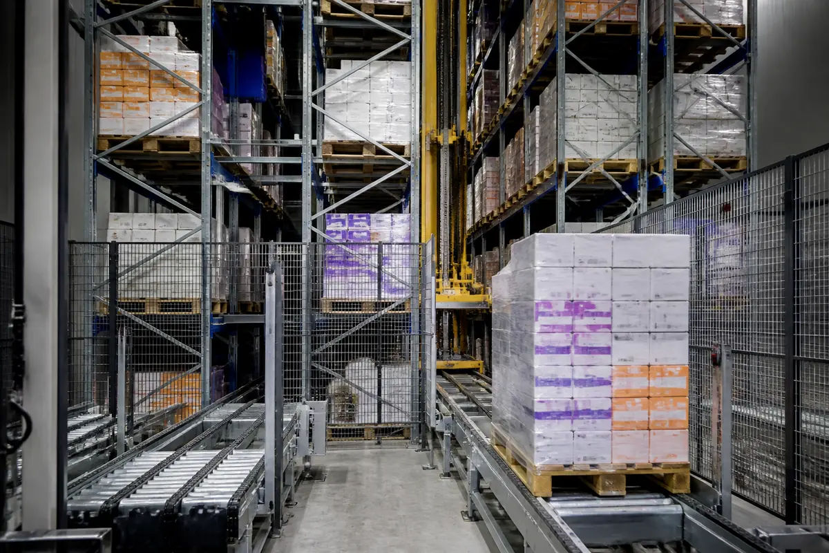 Entrepôt de stockage automatisé chez Alloga à Lyon avec palettes sur le convoyeur.
