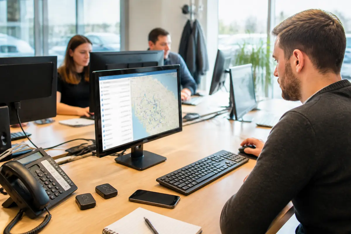 Personnes travaillant sur ordinateurs, vue de carte Axxes Lucy affichée sur un écran.
