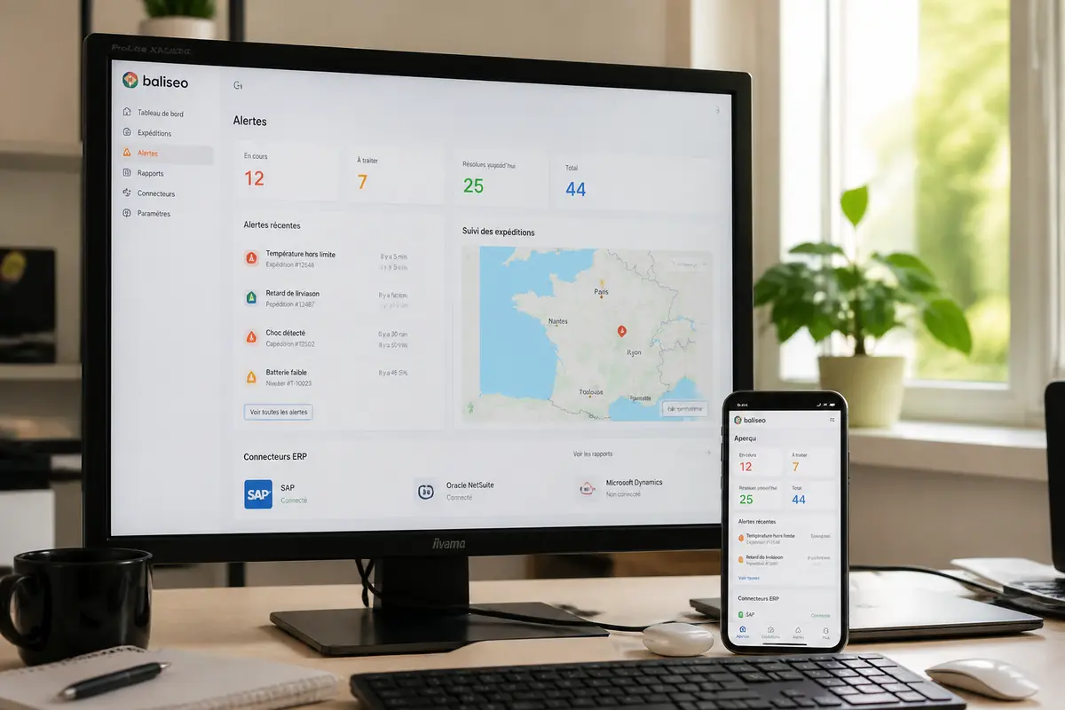 Écran et smartphone affichant le tableau de bord Baliseo pour suivi des alertes expéditions