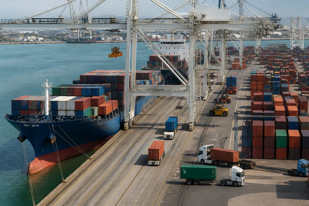 Un cargo au port, symbolisant l'impact du chiffre d'affaires de CMA CGM sur l'économie