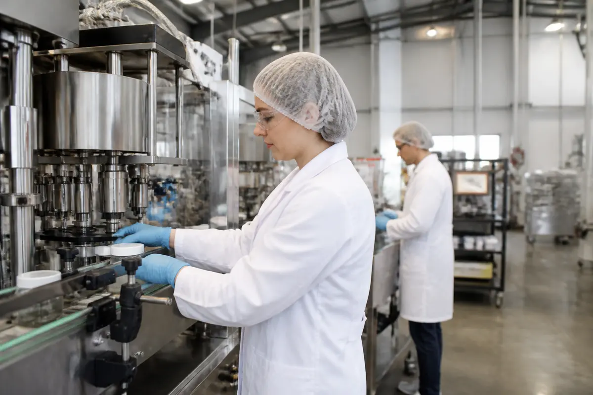 Travailleurs en usine cosmétique observant la chaîne de production à Cosmetic Park