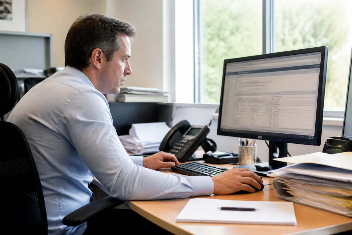 Homme travaillant sur ordinateur avec le système ERP Baan affiché à l'écran