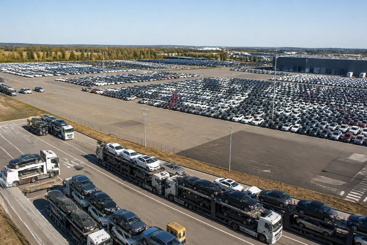 Camions transportant des voitures dans le parc automobile de Gefco avec espaces de stationnement remplis