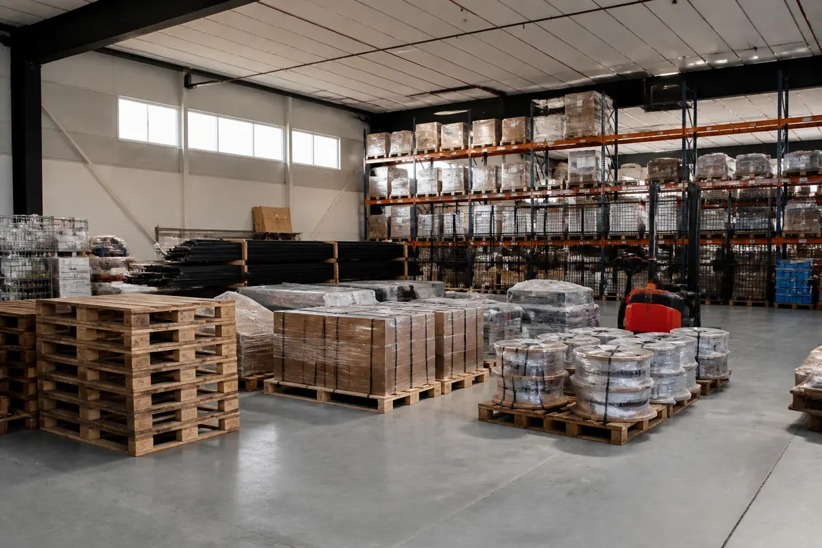 Entrepôt avec palettes et produits, optimisation logistique par méthode MRP en arrière-plan