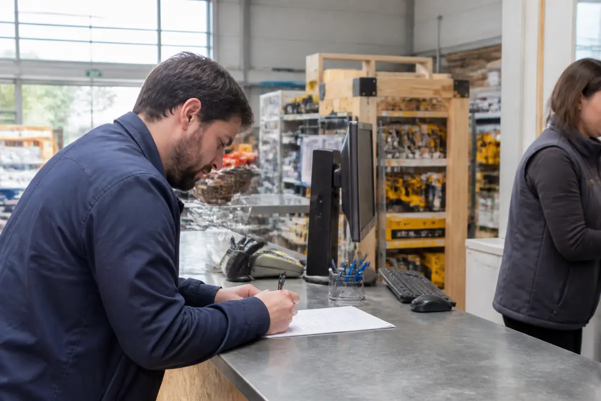 Homme s'inscrivant au comptoir dans un magasin de bricolage avec inscription au monde du bricolage
