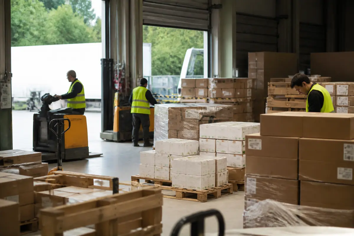 Employés gérant des palettes au sein de l'entrepôt logistique d'Yves Rocher
