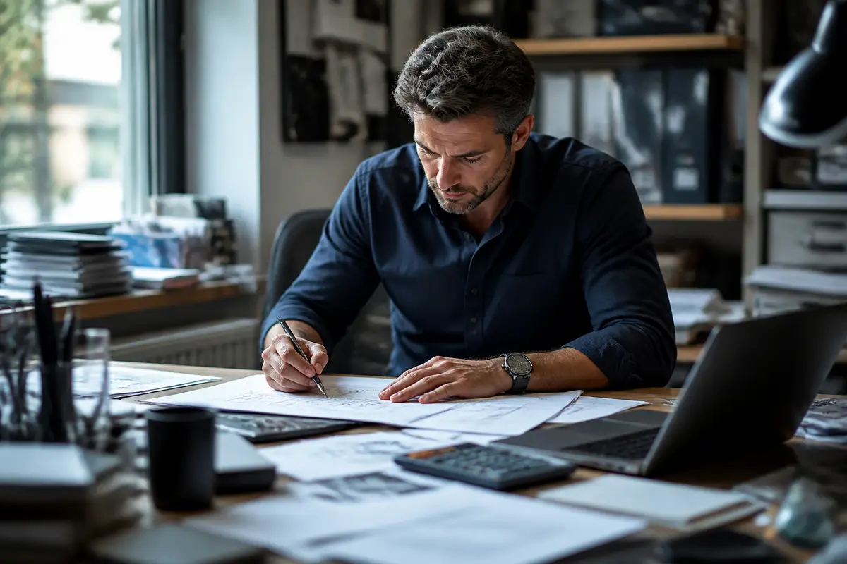 Homme concentré effectuant une analyse de la valeur dans un bureau avec documents et ordinateur