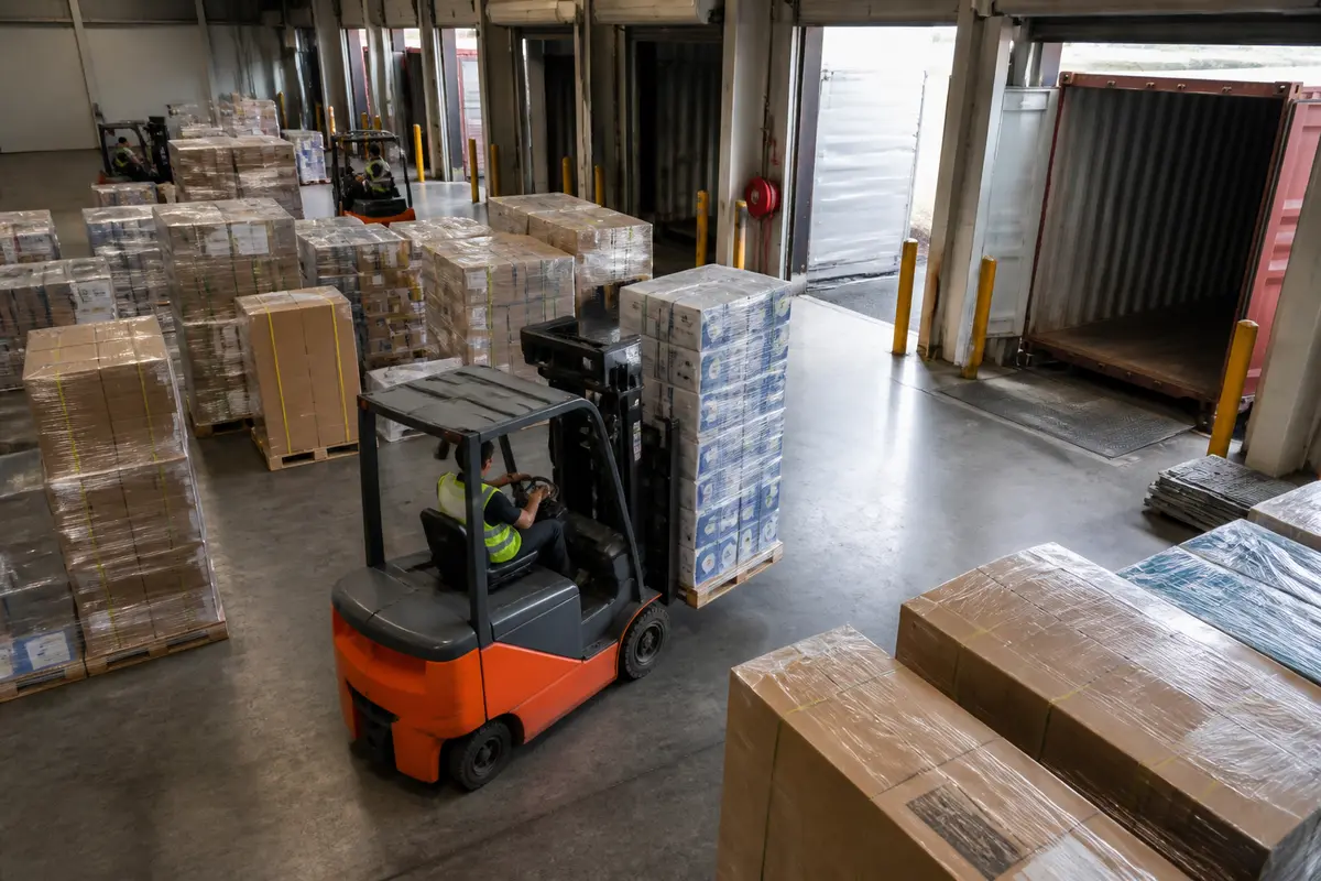 Chariot élévateur déchargeant des palettes dans un entrepôt optimisé pour le cross docking