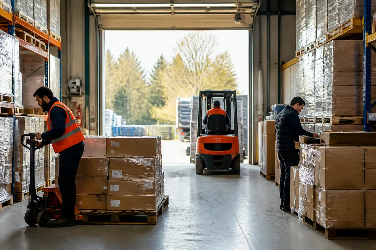 Employés déplaçant des cartons dans un entrepôt pour le processus logistique def efficace