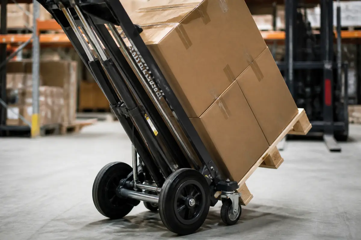 Diable chariot transportant des cartons empilés sur palette dans un entrepôt industriel