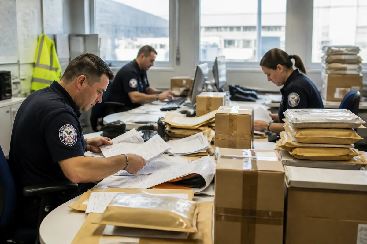 Agents des douanes vérifiant des documents pour l'application des incoterms 2020 dans un bureau