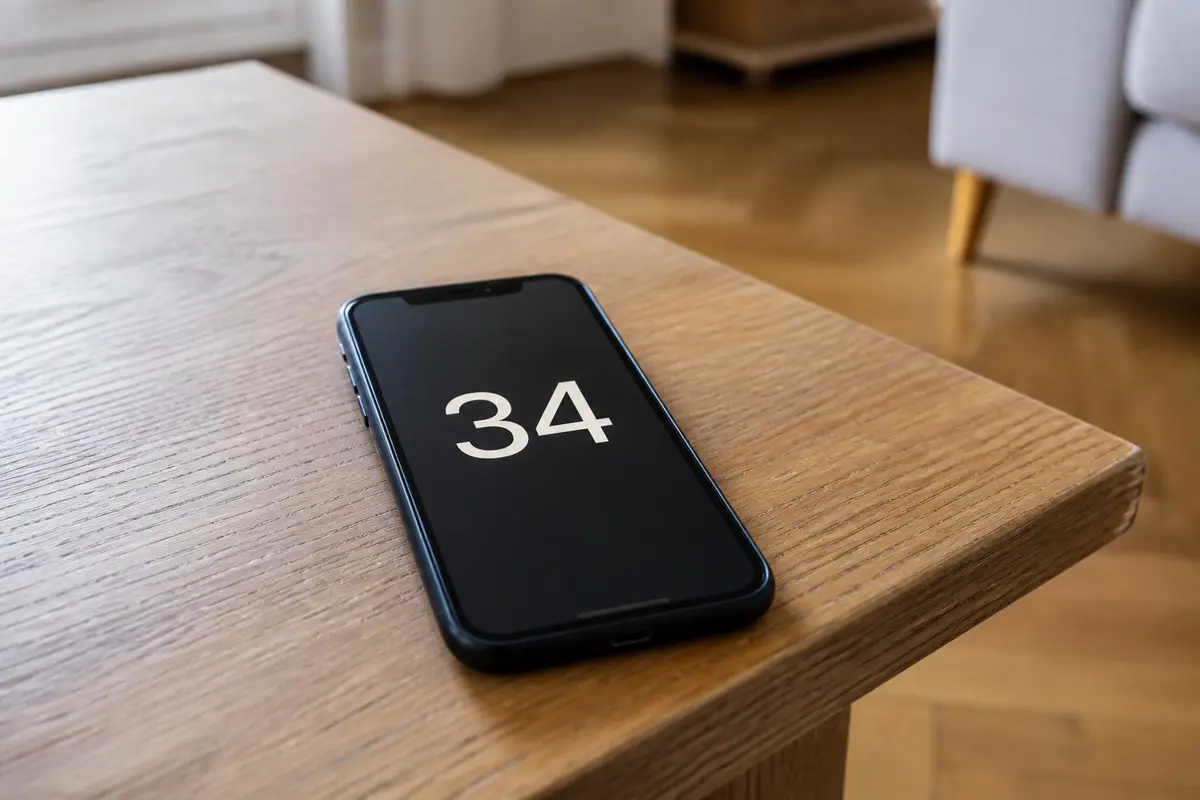 Smartphone affichant le numéro indicatif 34 sur une table en bois clair